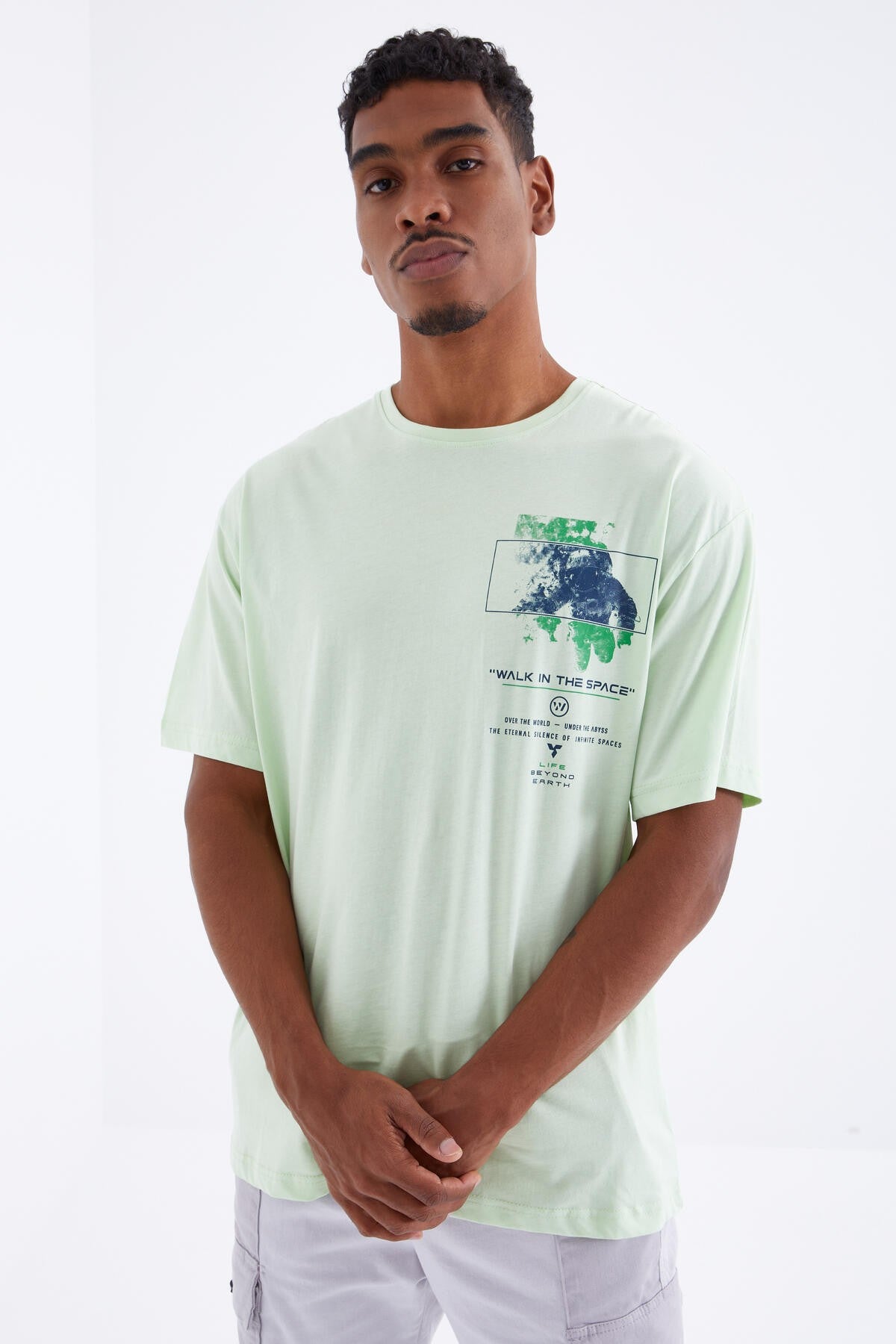 Light Green Print Detailed O Collar Men's Oversize T-Shirt - 88099