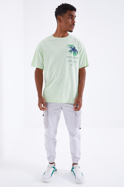 Light Green Print Detailed O Collar Men's Oversize T-Shirt - 88099