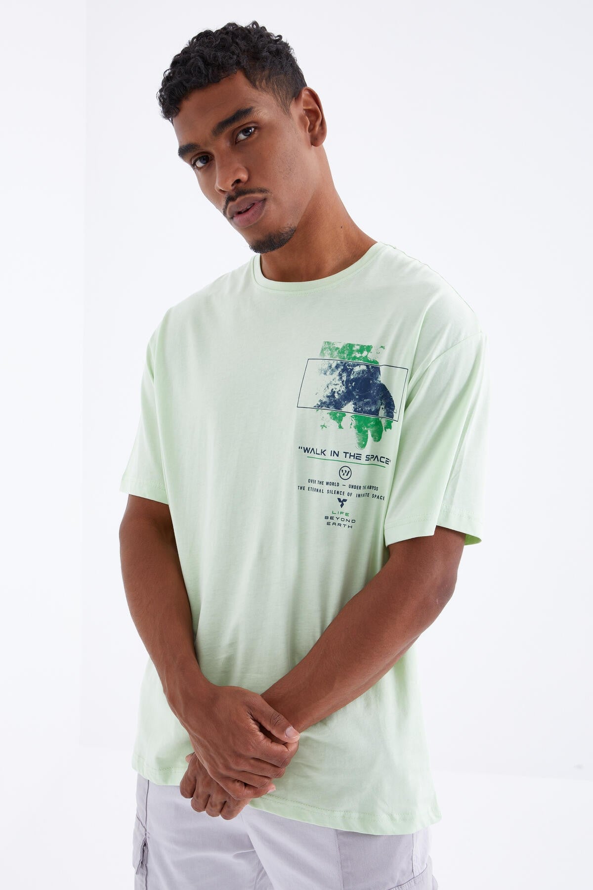 Light Green Print Detailed O Collar Men's Oversize T-Shirt - 88099