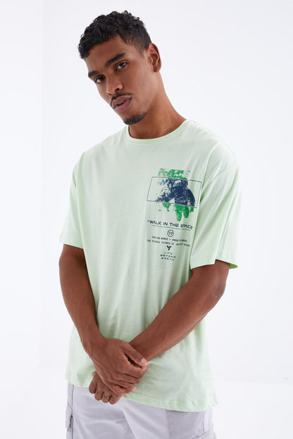 Light Green Print Detailed O Collar Men's Oversize T-Shirt - 88099