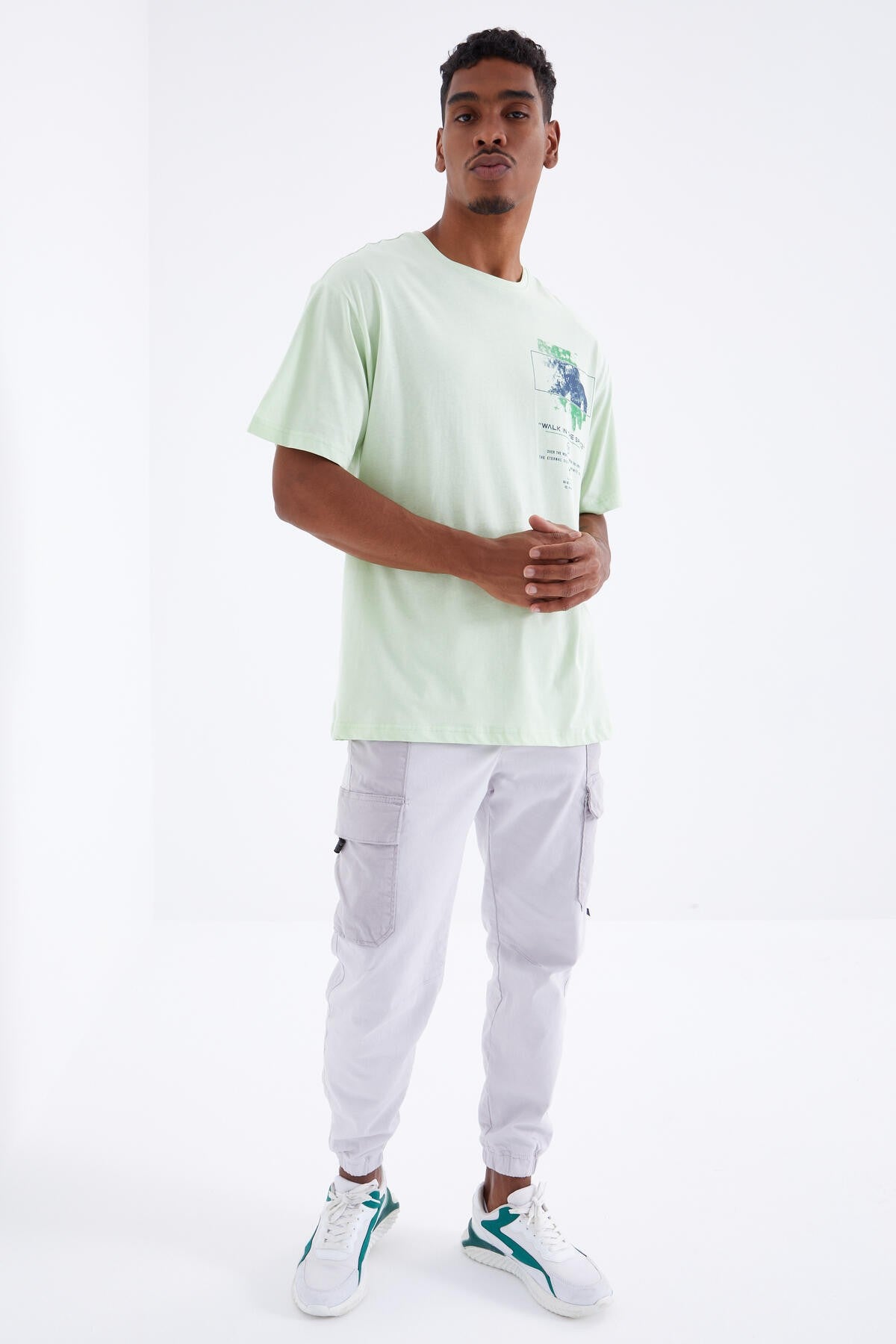 Light Green Print Detailed O Collar Men's Oversize T-Shirt - 88099