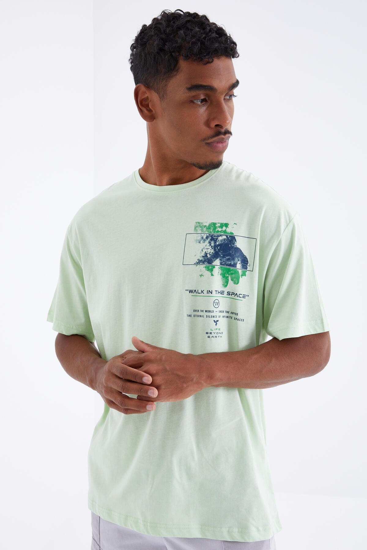 Light Green Print Detailed O Collar Men's Oversize T-Shirt - 88099