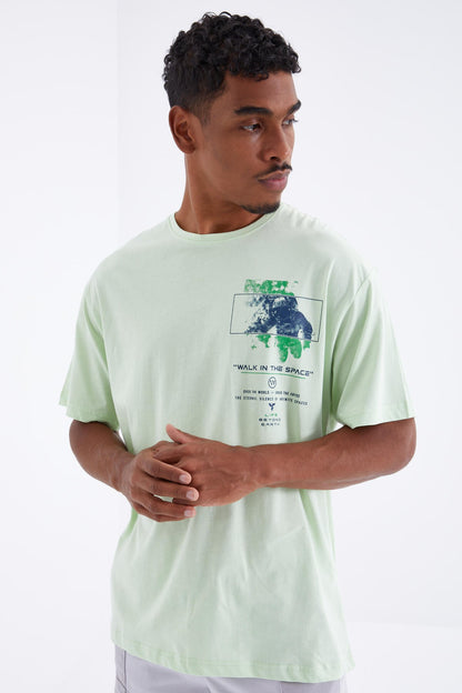 Light Green Print Detailed O Collar Men's Oversize T-Shirt - 88099
