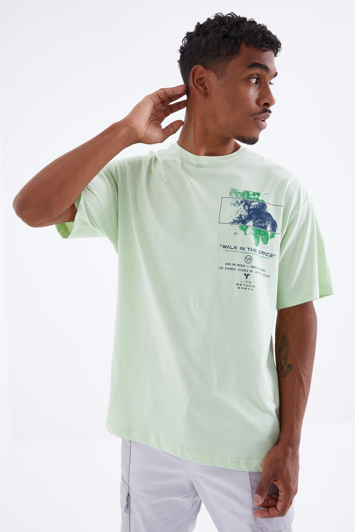 Light Green Print Detailed O Collar Men's Oversize T-Shirt - 88099
