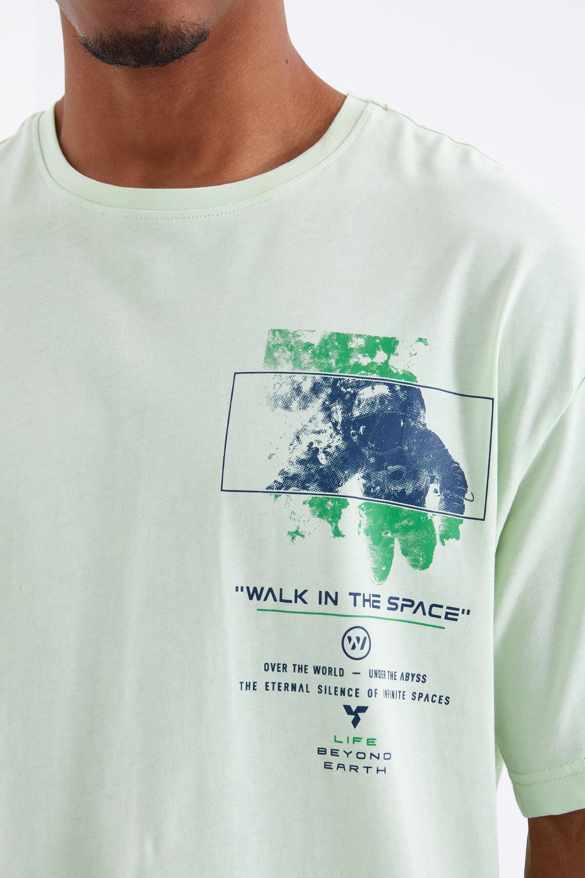 Light Green Print Detailed O Collar Men's Oversize T-Shirt - 88099