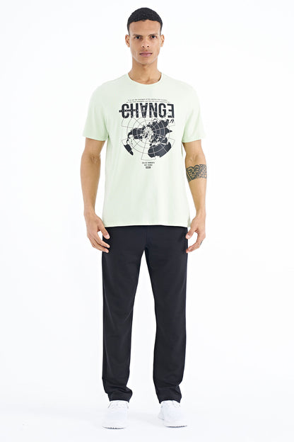 Light Green Open Green Print Detailed O Collar Standard Cut Men's T-Shirt - 88214