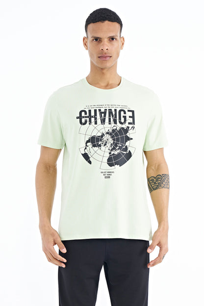 Light Green Open Green Print Detailed O Collar Standard Cut Men's T-Shirt - 88214
