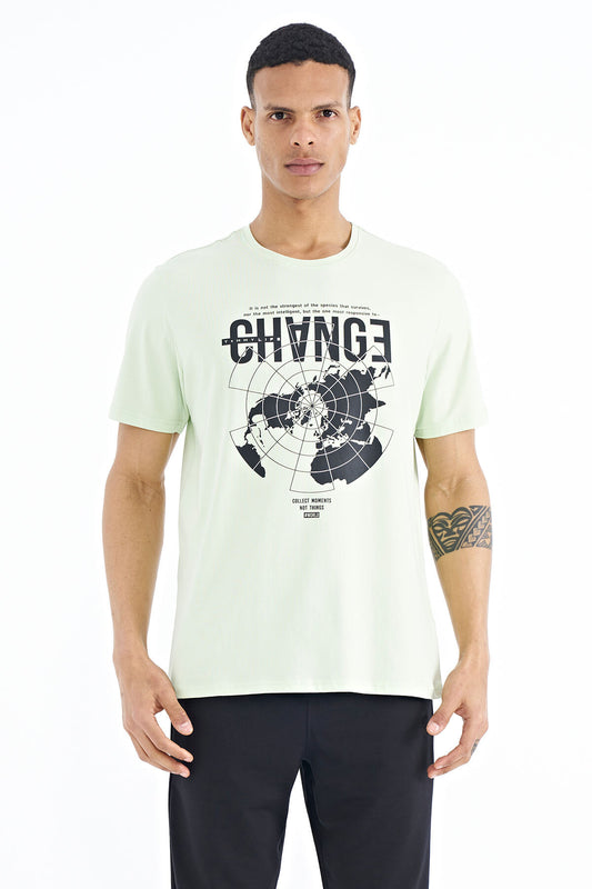 Light Green Open Green Print Detailed O Collar Standard Cut Men's T-Shirt - 88214