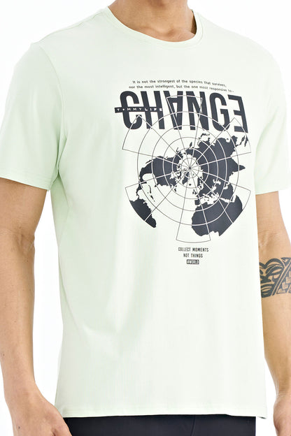 Light Green Open Green Print Detailed O Collar Standard Cut Men's T-Shirt - 88214