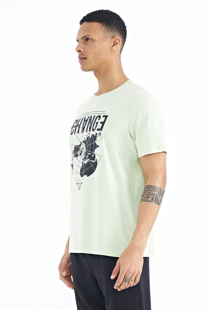 Light Green Open Green Print Detailed O Collar Standard Cut Men's T-Shirt - 88214
