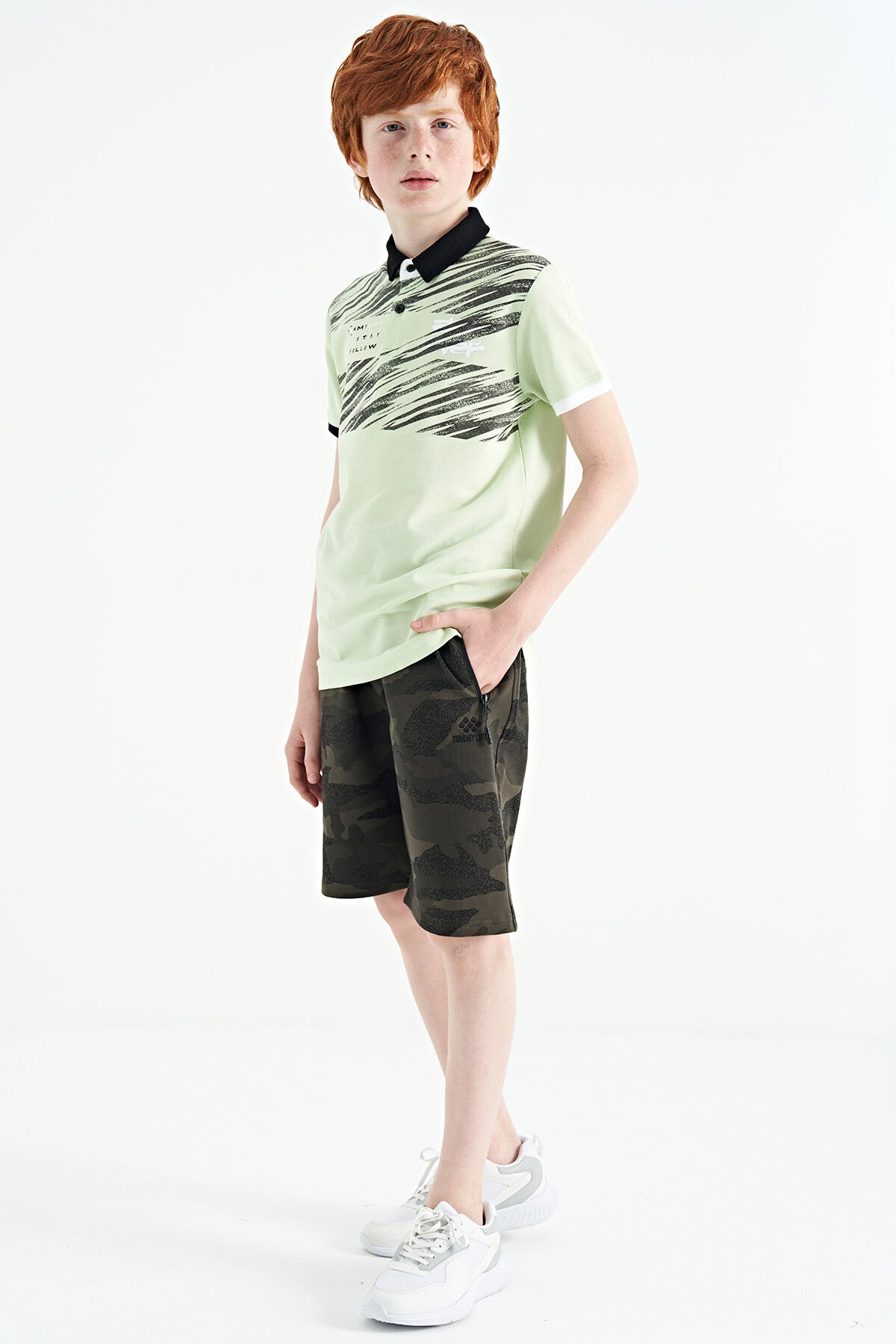 Light Green Print Detailed Polo Collar Standard Fit Boys' T-Shirt - 11161