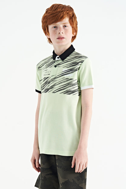 Light Green Print Detailed Polo Collar Standard Fit Boys' T-Shirt - 11161