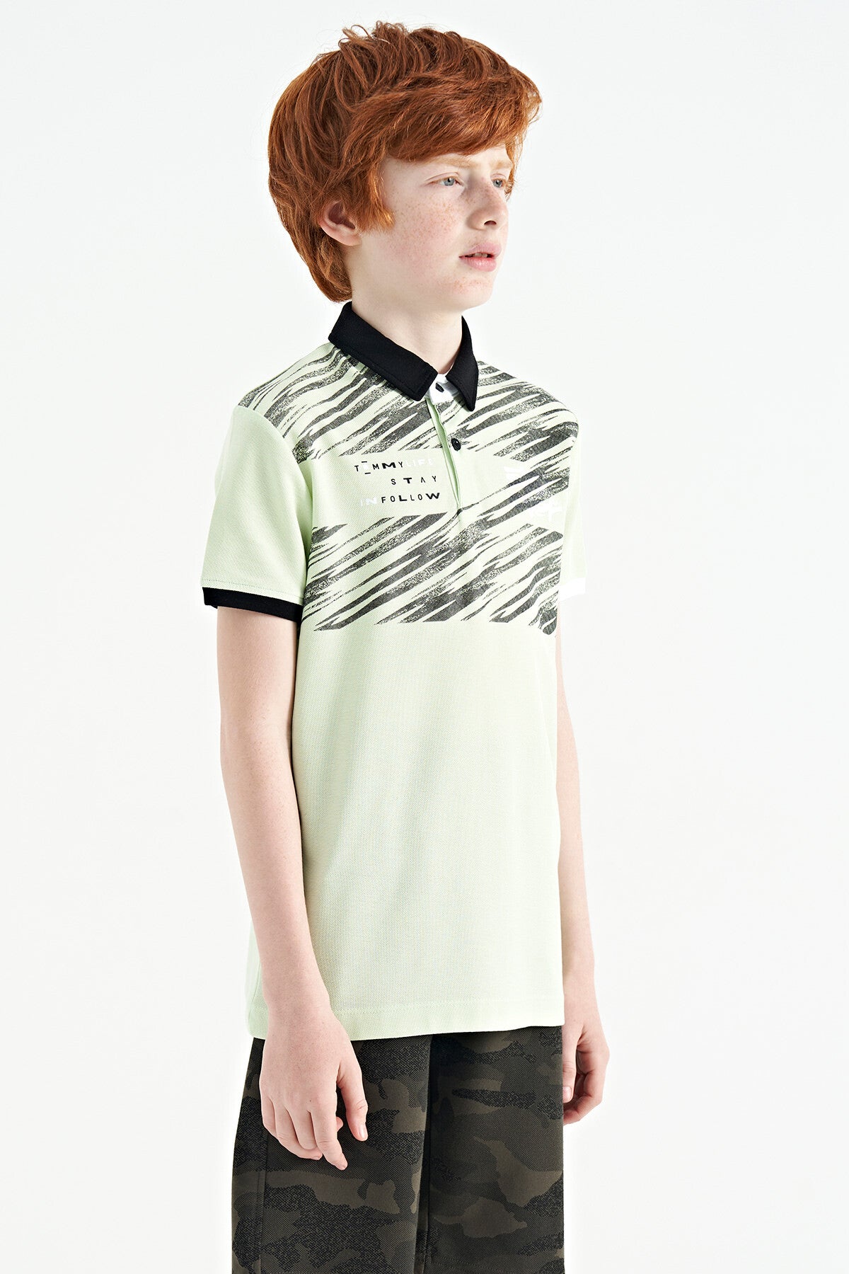 Light Green Print Detailed Polo Collar Standard Fit Boys' T-Shirt - 11161