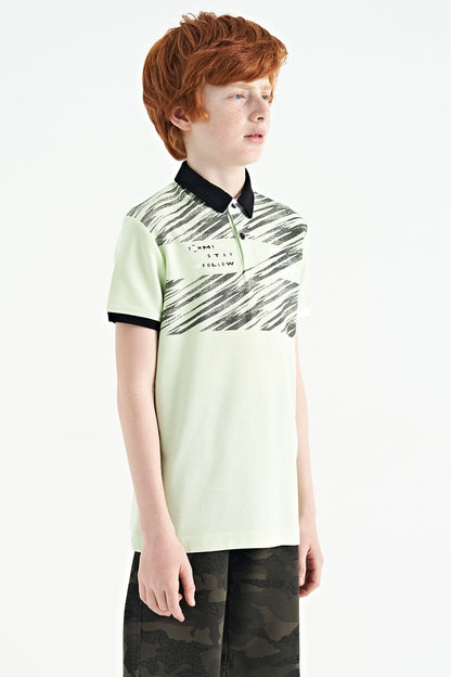 Light Green Print Detailed Polo Collar Standard Fit Boys' T-Shirt - 11161