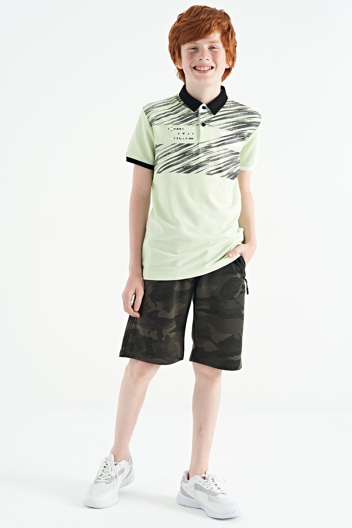 Light Green Print Detailed Polo Collar Standard Fit Boys' T-Shirt - 11161
