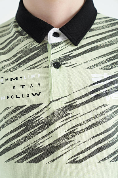 Light Green Print Detailed Polo Collar Standard Fit Boys' T-Shirt - 11161