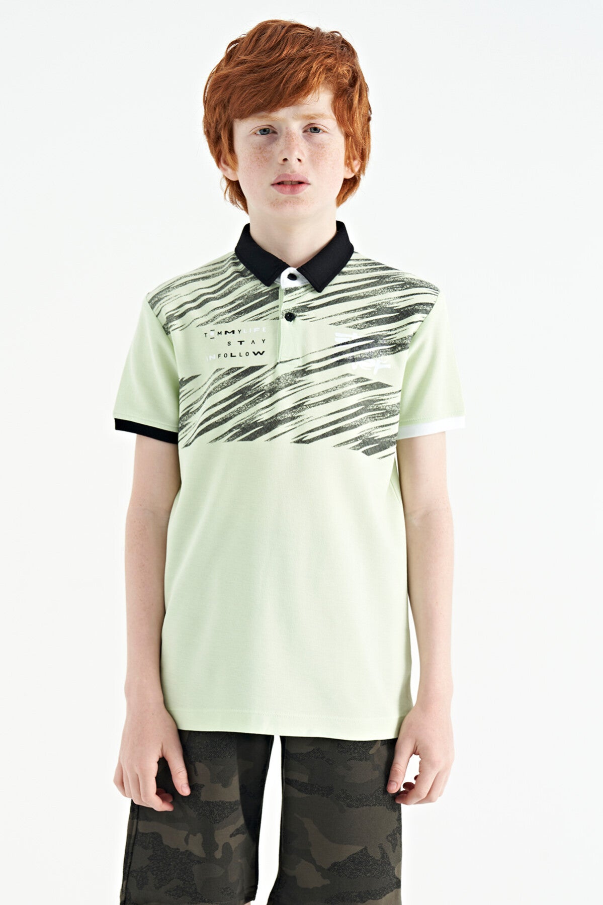 Light Green Print Detailed Polo Collar Standard Fit Boys' T-Shirt - 11161