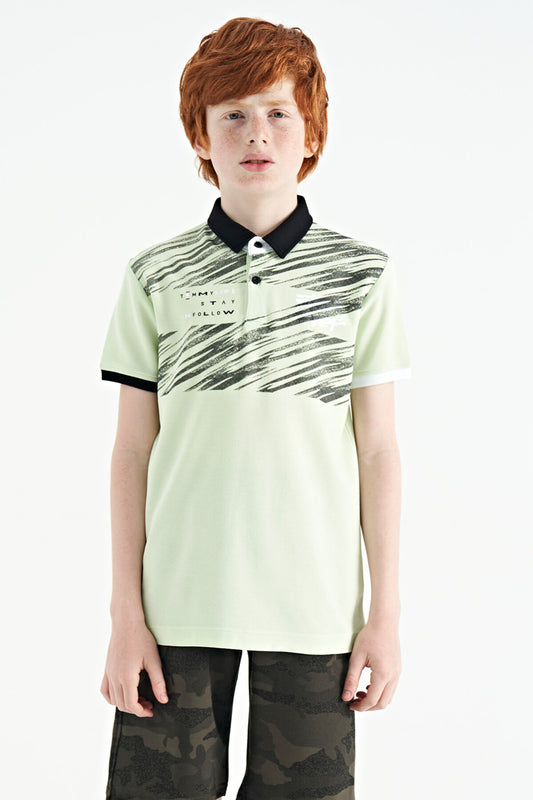 Light Green Print Detailed Polo Collar Standard Fit Boys' T-Shirt - 11161