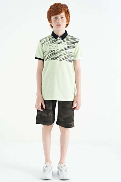 Light Green Print Detailed Polo Collar Standard Fit Boys' T-Shirt - 11161
