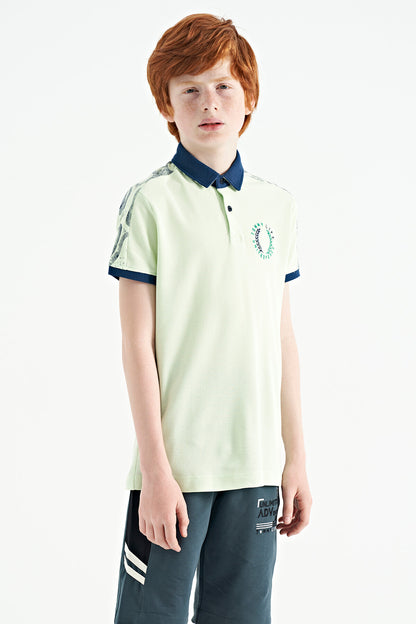 Light Green Print Detailed Polo Collar Standard Fit Boys' T-Shirt - 11166