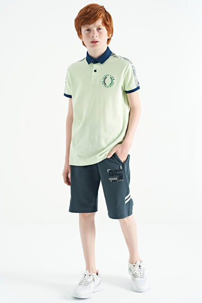 Light Green Print Detailed Polo Collar Standard Fit Boys' T-Shirt - 11166