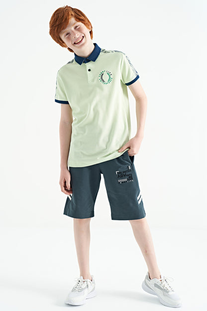 Light Green Print Detailed Polo Collar Standard Fit Boys' T-Shirt - 11166