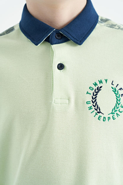 Light Green Print Detailed Polo Collar Standard Fit Boys' T-Shirt - 11166