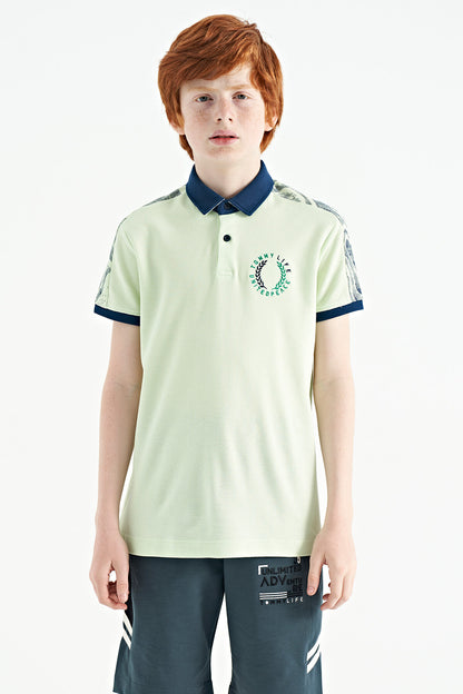 Light Green Print Detailed Polo Collar Standard Fit Boys' T-Shirt - 11166