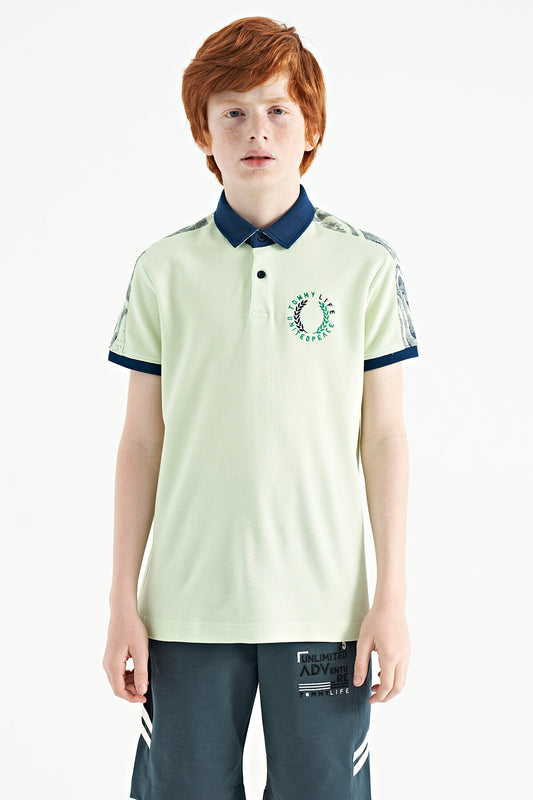Light Green Print Detailed Polo Collar Standard Fit Boys' T-Shirt - 11166