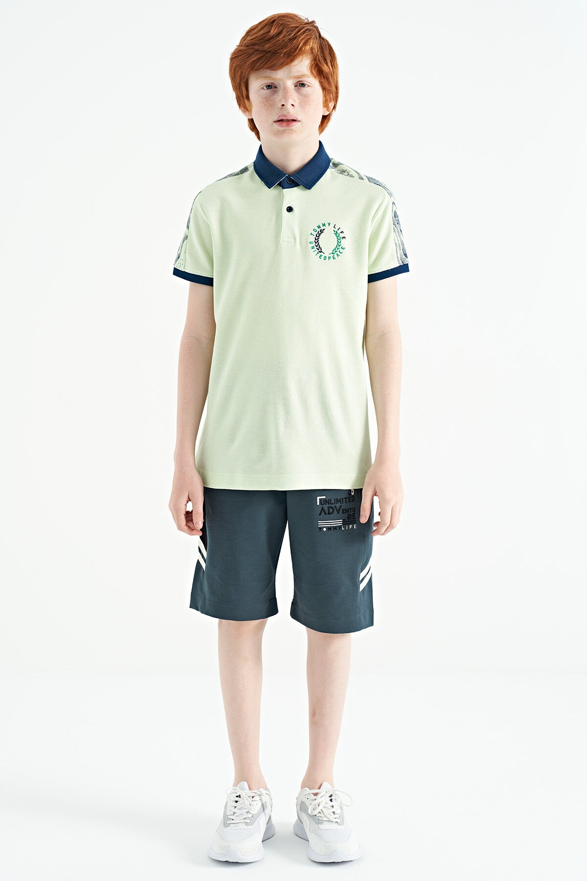 Light Green Print Detailed Polo Collar Standard Fit Boys' T-Shirt - 11166