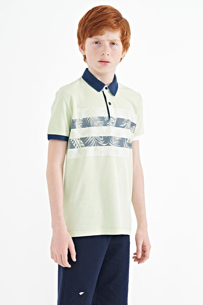 Light Green Print Detailed Standard Cut Polo Collar Boys T-Shirt - 11101