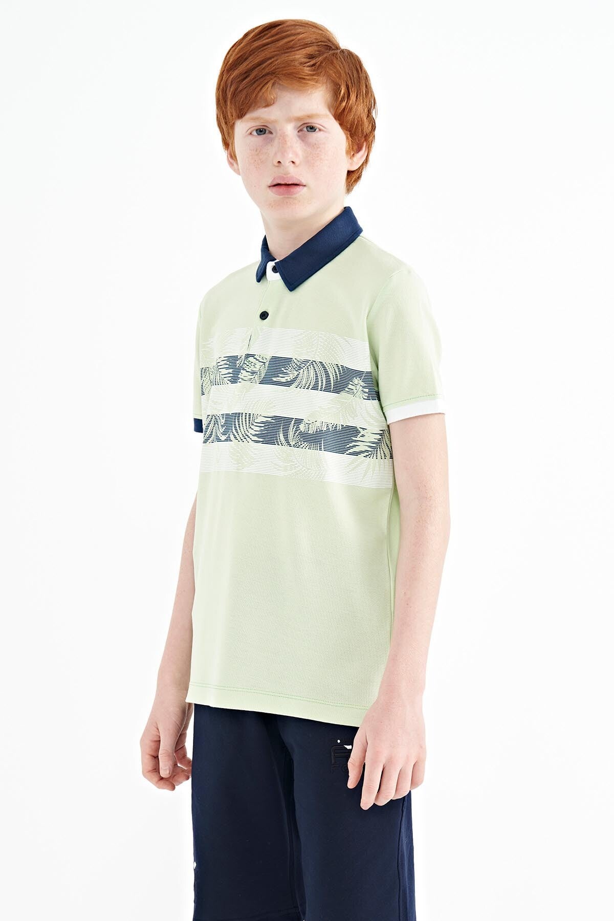 Light Green Print Detailed Standard Cut Polo Collar Boys T-Shirt - 11101