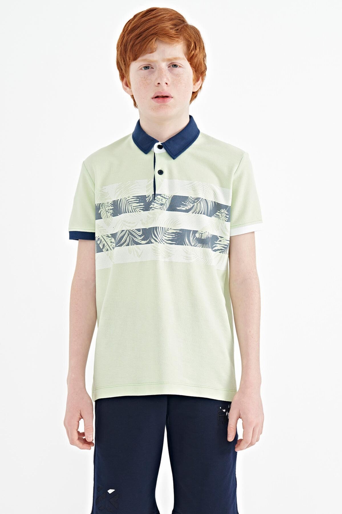 Light Green Print Detailed Standard Cut Polo Collar Boys T-Shirt - 11101