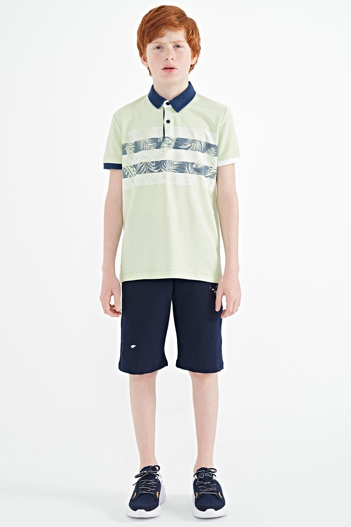 Light Green Print Detailed Standard Cut Polo Collar Boys T-Shirt - 11101