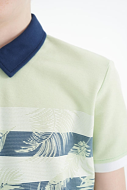 Light Green Print Detailed Standard Cut Polo Collar Boys T-Shirt - 11101