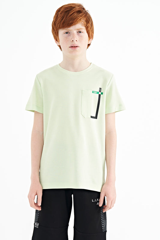 Light Green Pocket Detailed O Collar Standard Fit Boys T-Shirt - 11120