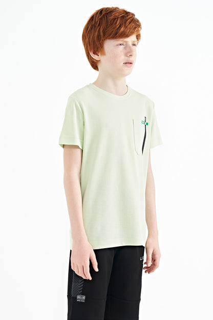 Light Green Pocket Detailed O Collar Standard Fit Boys T-Shirt - 11120