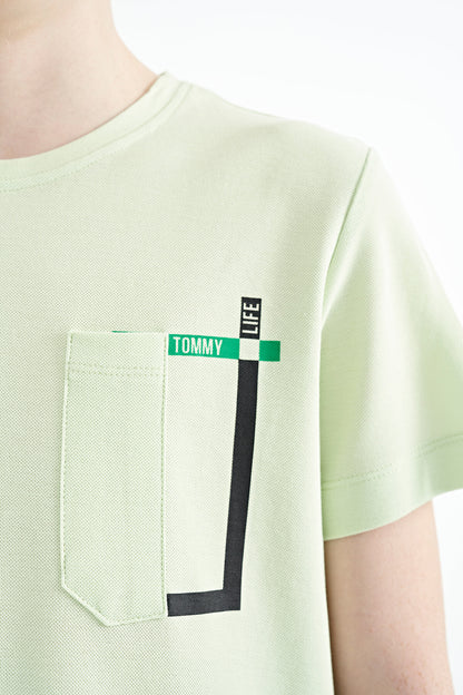 Light Green Pocket Detailed O Collar Standard Fit Boys T-Shirt - 11120