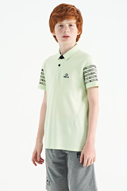 Light Green Sleeve Print Detailed Standard Cut Polo Collar Boys T-Shirt - 11093