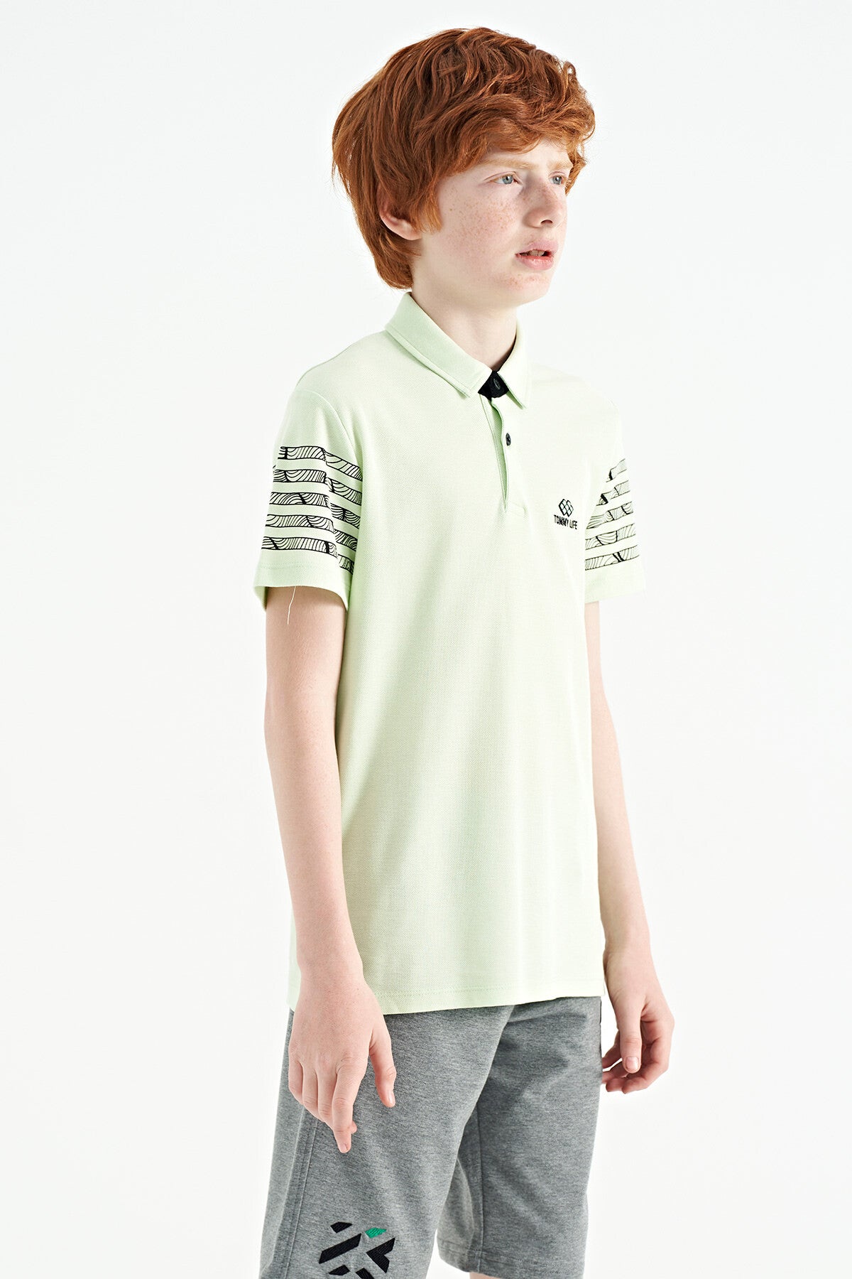 Light Green Sleeve Print Detailed Standard Cut Polo Collar Boys T-Shirt - 11093