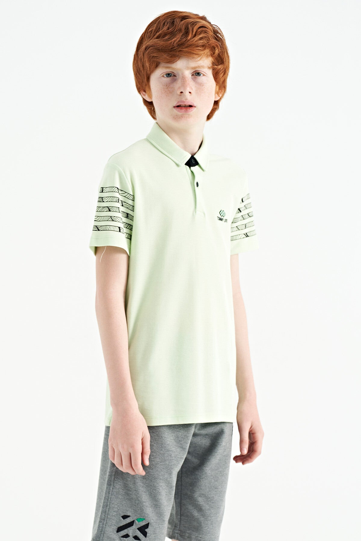 Light Green Sleeve Print Detailed Standard Cut Polo Collar Boys T-Shirt - 11093