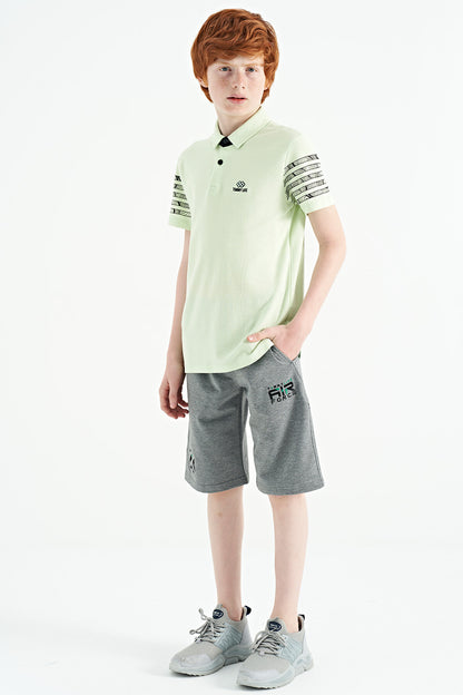 Light Green Sleeve Print Detailed Standard Cut Polo Collar Boys T-Shirt - 11093
