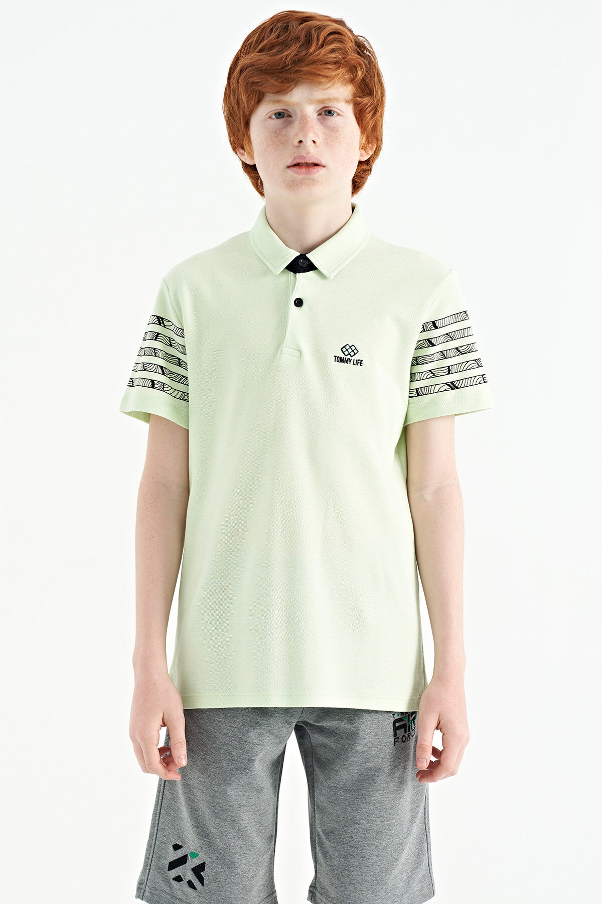 Light Green Sleeve Print Detailed Standard Cut Polo Collar Boys T-Shirt - 11093
