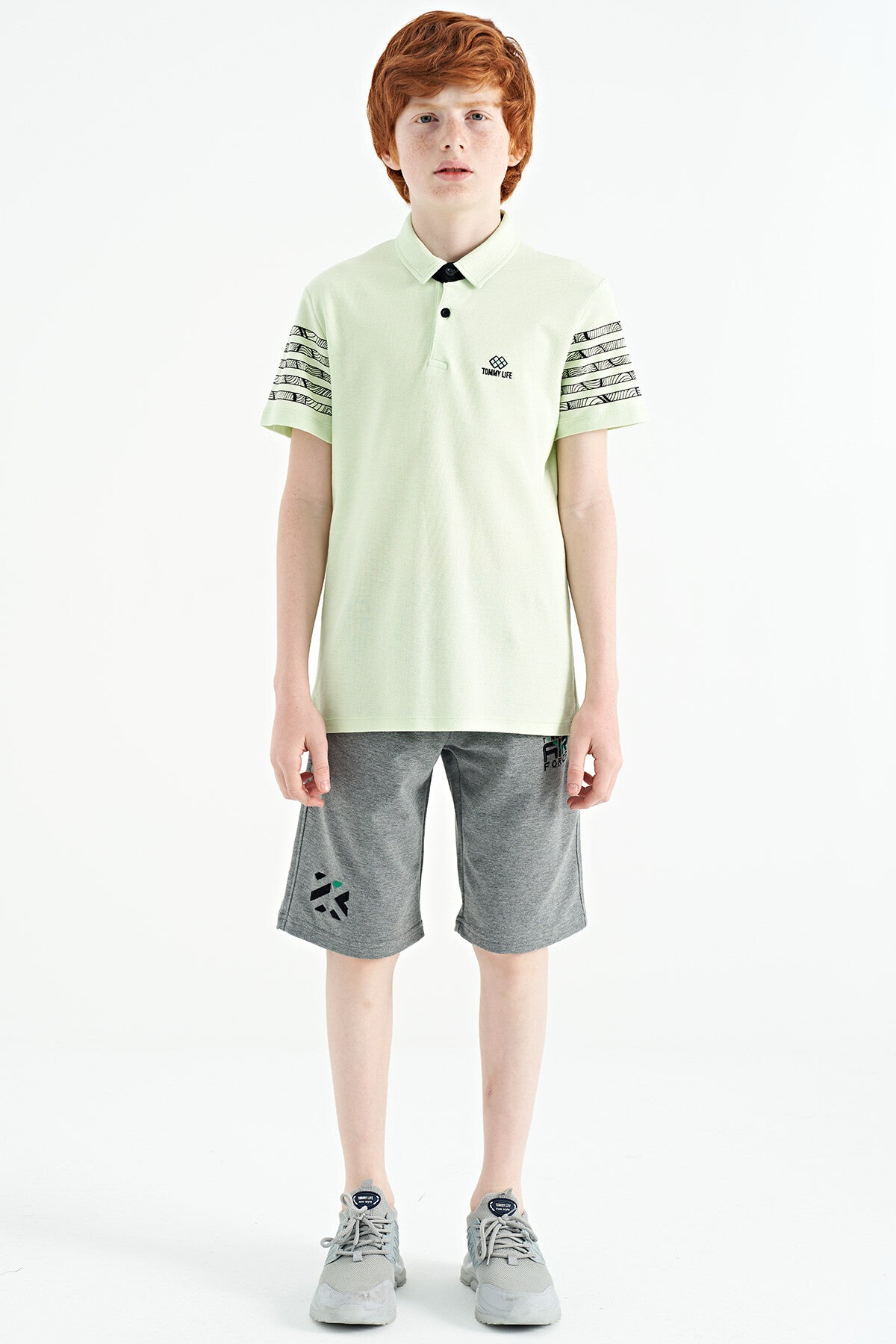 Light Green Sleeve Print Detailed Standard Cut Polo Collar Boys T-Shirt - 11093