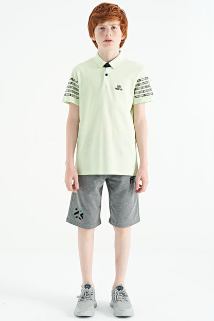 Light Green Sleeve Print Detailed Standard Cut Polo Collar Boys T-Shirt - 11093