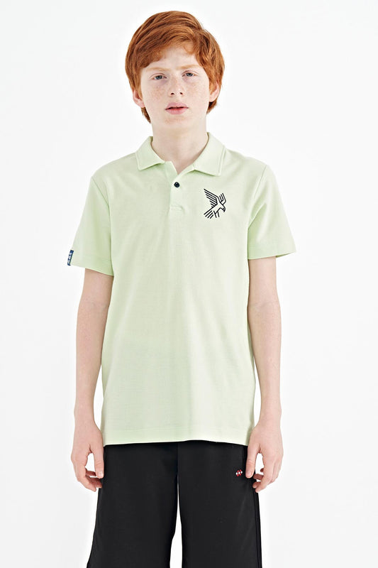 Light Green Minimal Embroidery Detailed Standard Fit Polo Collar Boys' T-Shirt - 11084