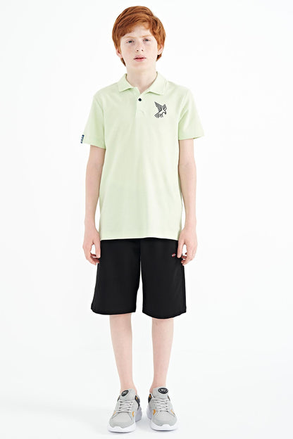 Light Green Minimal Embroidery Detailed Standard Fit Polo Collar Boys' T-Shirt - 11084