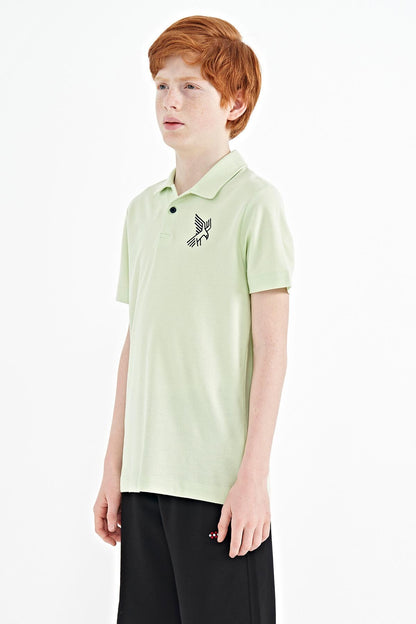 Light Green Minimal Embroidery Detailed Standard Fit Polo Collar Boys' T-Shirt - 11084