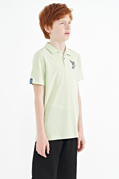 Light Green Minimal Embroidery Detailed Standard Fit Polo Collar Boys' T-Shirt - 11084