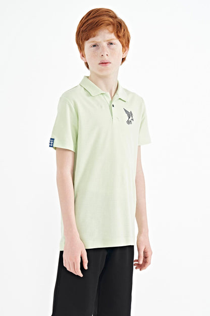 Light Green Minimal Embroidery Detailed Standard Fit Polo Collar Boys' T-Shirt - 11084